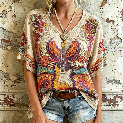 Cardydony Retro Rock Guitar Dove Rhinestone V Neck Blouse, Vintage Psychedelic Floral Print Boho Short Sleeve Tee