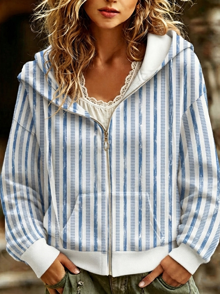 Cardydony Women's Simple Striped Art Pattern Casual Zip-up Hoodie