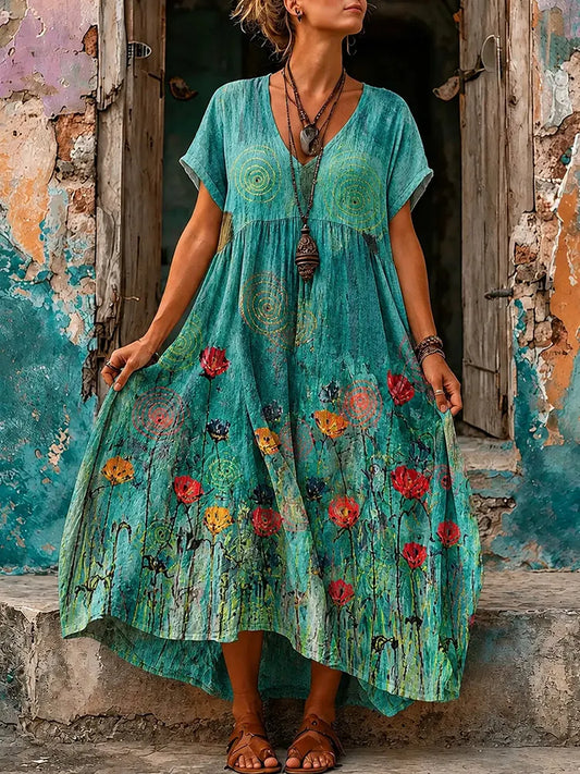 Cardydony Women's Retro Hippie Floral Pattern Art Embroidered Linen Blend Maxi Dress