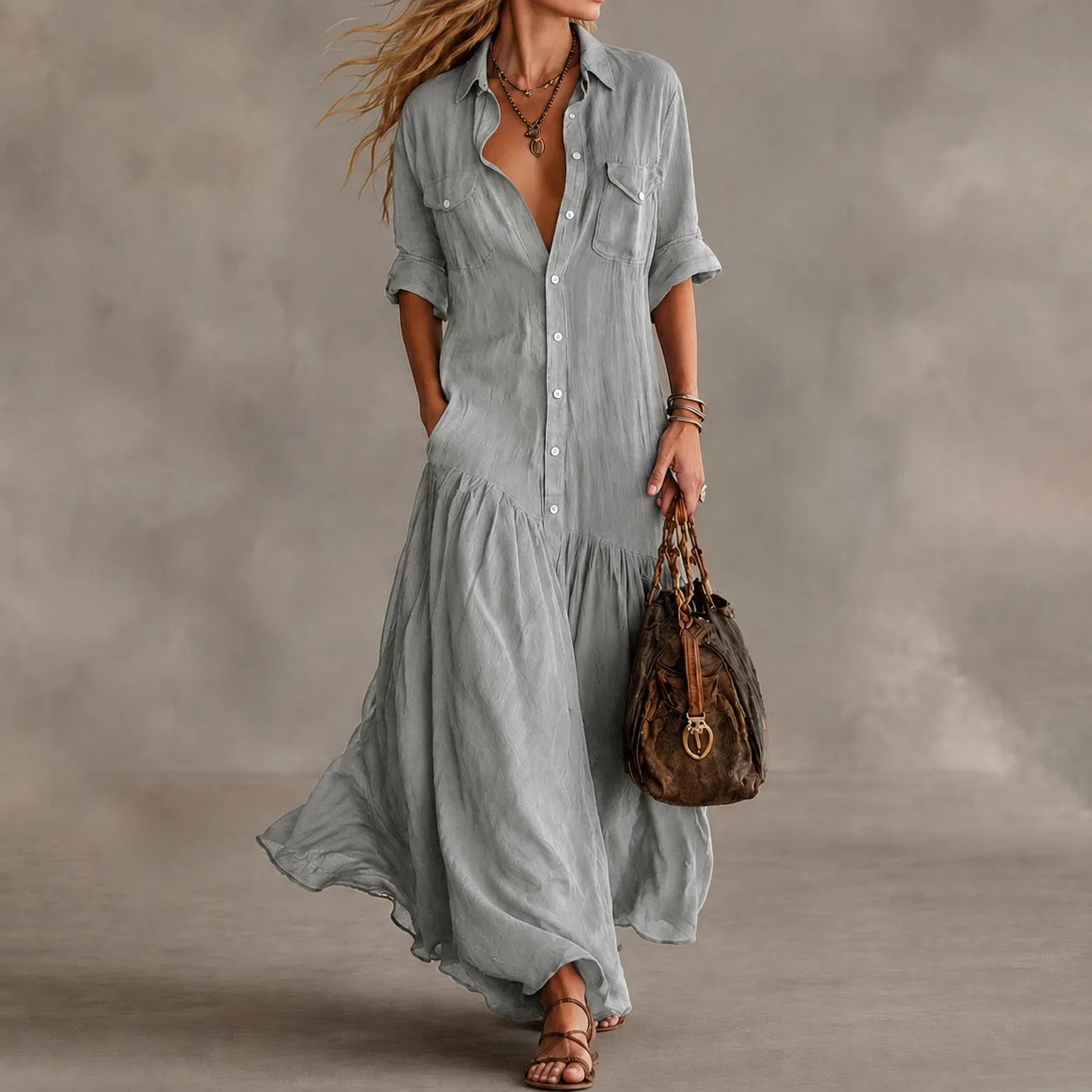 Cardydony Vacation  Loose  Long Shirt Dress Maxi Dress