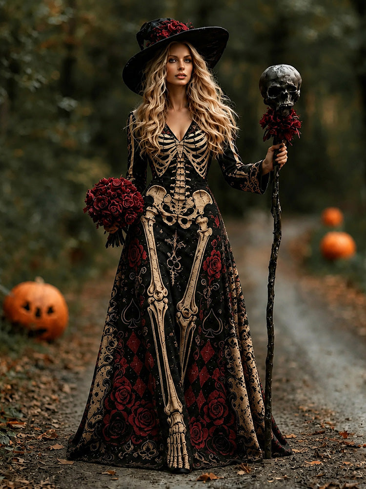 Cardydony Women's Retro Halloween Gothic With Floral Pattern Print V-neck Maxi Dress