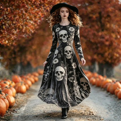 Cardydony Women's Gothic Velvet Vintage Skull Print Long-sleeved A-line Flowy Dress