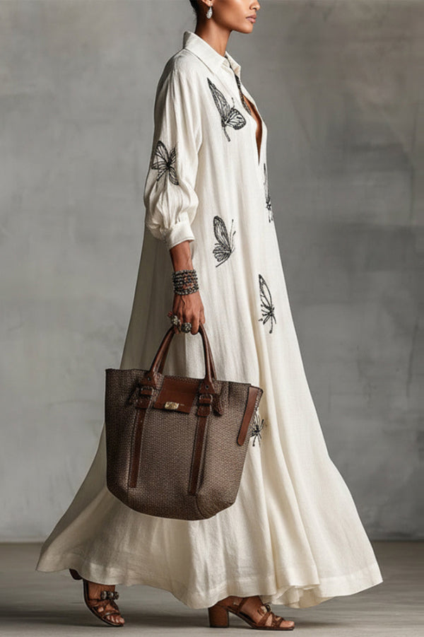 Cardydony Women's Butterfly Print V-Neck Long Sleeve Loose Casual Maxi Dress