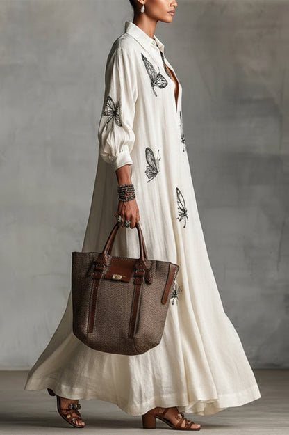 Cardydony Women's Butterfly Print V-Neck Long Sleeve Loose Casual Maxi Dress