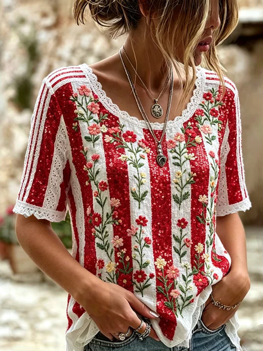 Cardydony Women's Vintage Floral Embroidered Artistic Patchwork Short Sleeve T-shirt