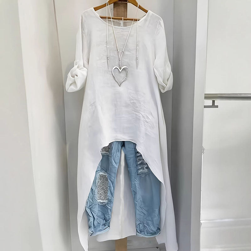 Cardydony Retro Short Front And Long Back Round Neck Loose Shirt
