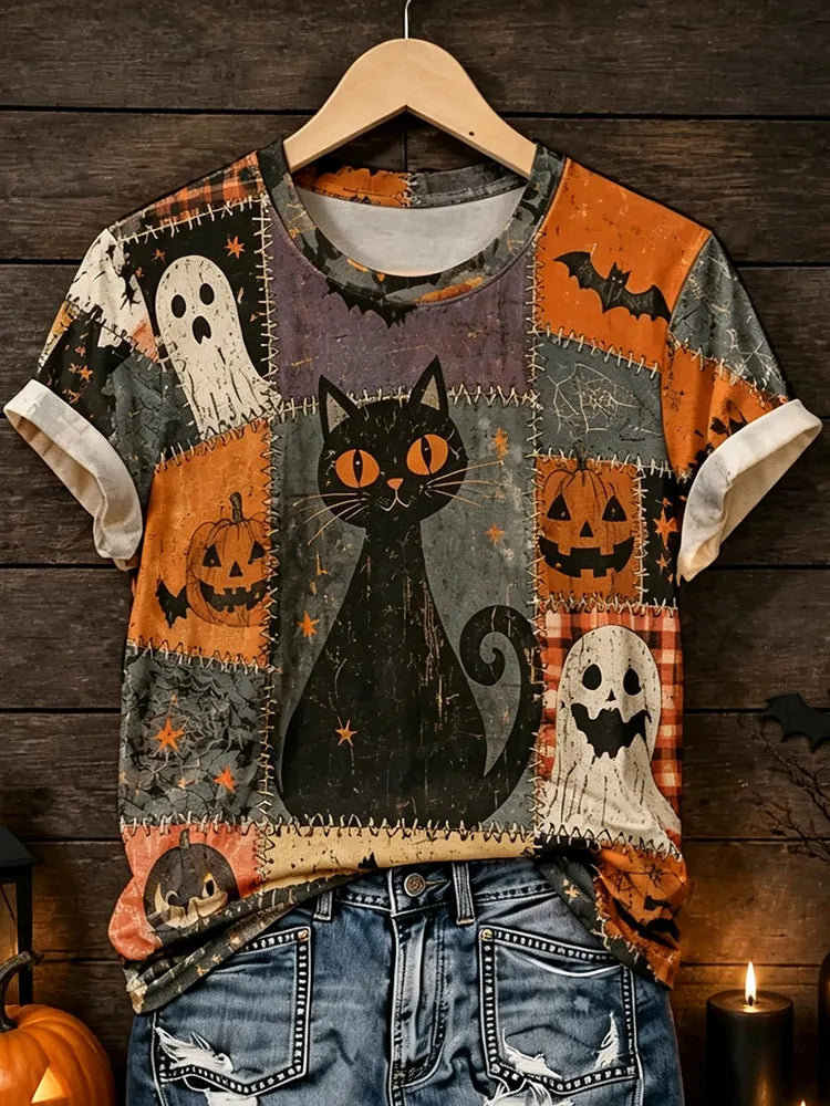 Cardydony Women's Retro Halloween Theme Cat Print Casual T-shirt