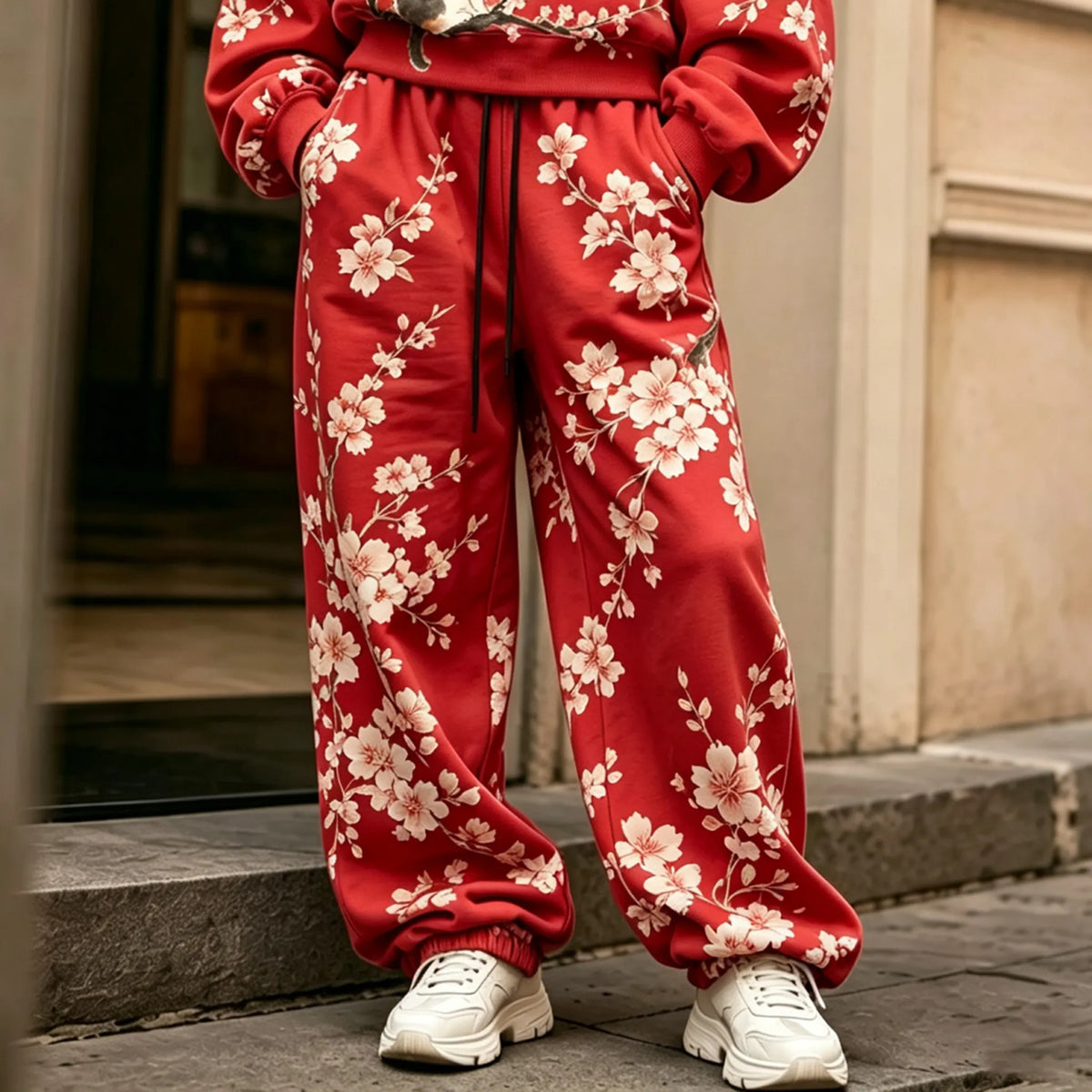 Cardydony Women's Vintage Japanese Cherry Blossom And Cat Art Print Hoodie Two Piece Set