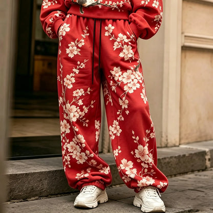 Cardydony Women's Vintage Japanese Cherry Blossom And Cat Art Print Hoodie Two Piece Set