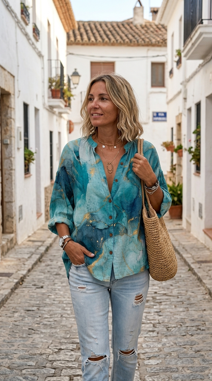 Cardydony Women's Vintage Marble Art Print Flowy Linen Blend Three-quarter Sleeve V Neck Linen Tops