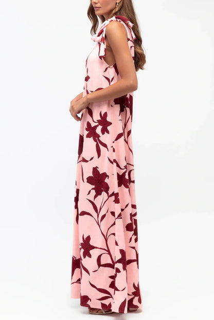 Cardydony Women's Botanical Print Sleeveless One-shoulder Tie-up Casual Vacation Maxi Dress