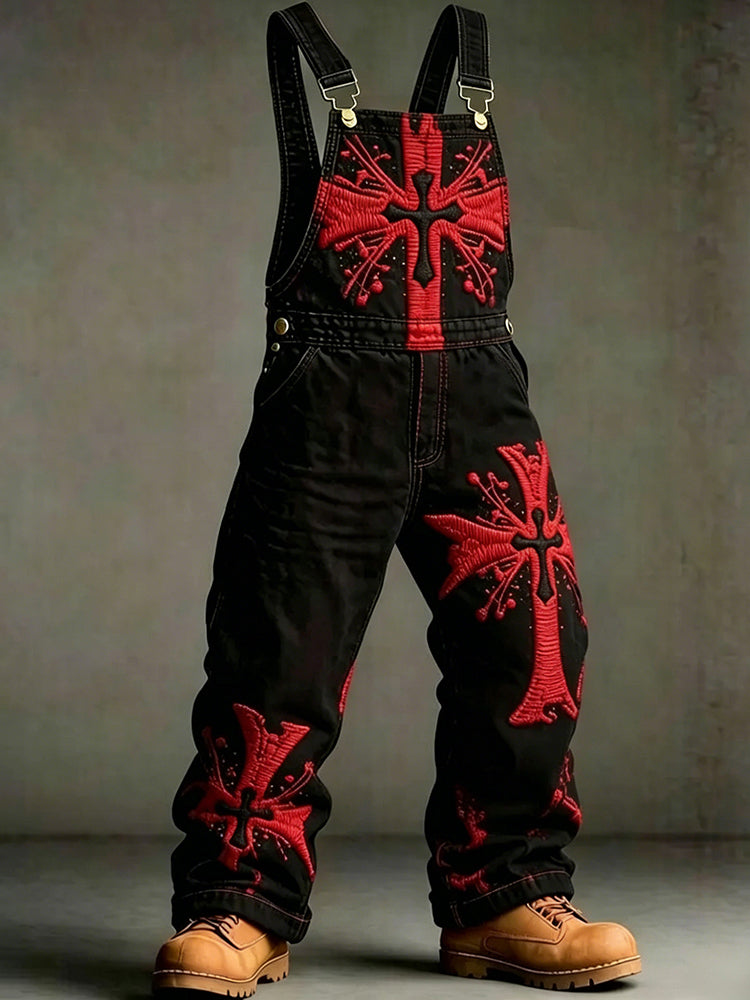Cardydony Men's Retro Viking Style Cross Embroidered Summer Cotton Linen Casual Overalls