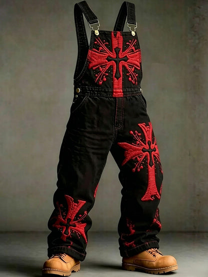 Cardydony Men's Retro Viking Style Cross Embroidered Summer Cotton Linen Casual Overalls