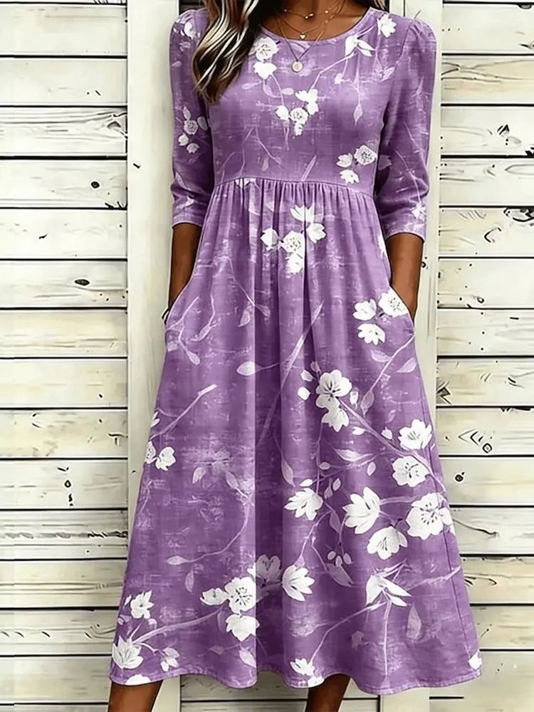 Cardydony Women's Retro Floral Art Print Cotton Linen Casual Dress