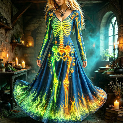Cardydony Women's Halloween Human Anatomy And Flame Art Glowing Print Bodycon Dress