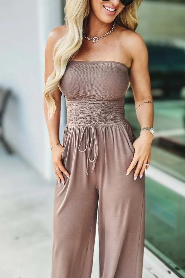 Cardydony Women's Solid Color Sleeveless Off-shoulder Pleated Loose Pocket Casual Wide-leg Jumpsuit