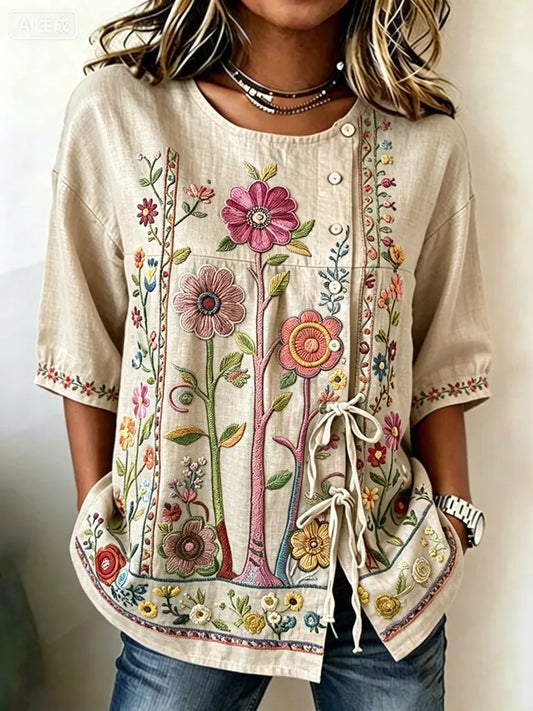 Cardydony Women's Ethnic Floral Embroidery Pattern Linen Blend Tie-up Shirt