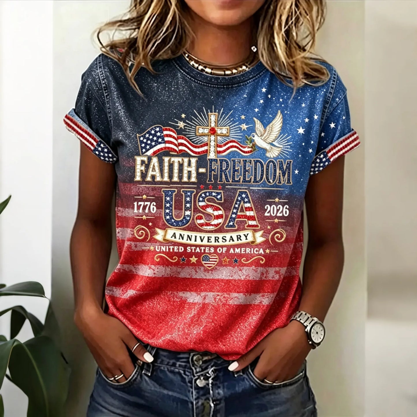 Cardydony Women's Retro Independence Day Anniversary T-shirt