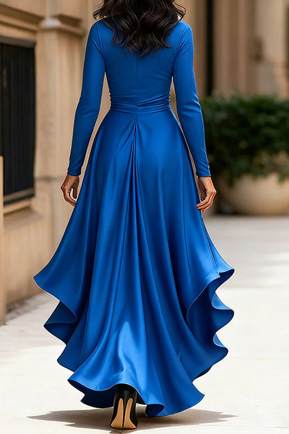 Cardydony Women's Solid Color Satin V-neck Long-sleeved Elegant Ruffled Maxi Dress