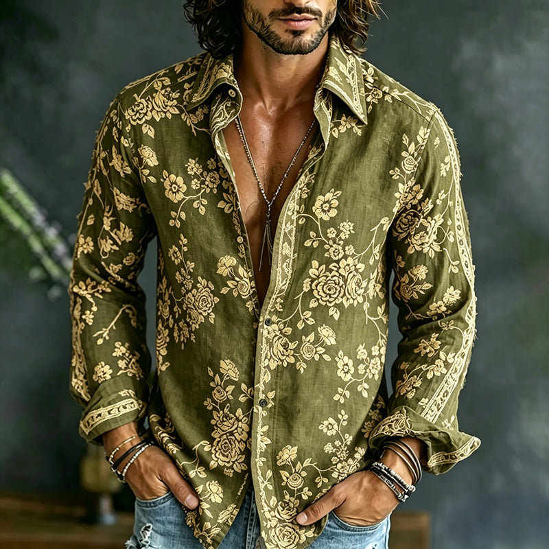 Cardydony Men's Spring Summer Colorful Floral Embroidered Art Print Flowy Linen Blend Shirt