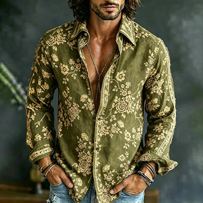 Cardydony Men's Spring Summer Colorful Floral Embroidered Art Print Flowy Linen Blend Shirt