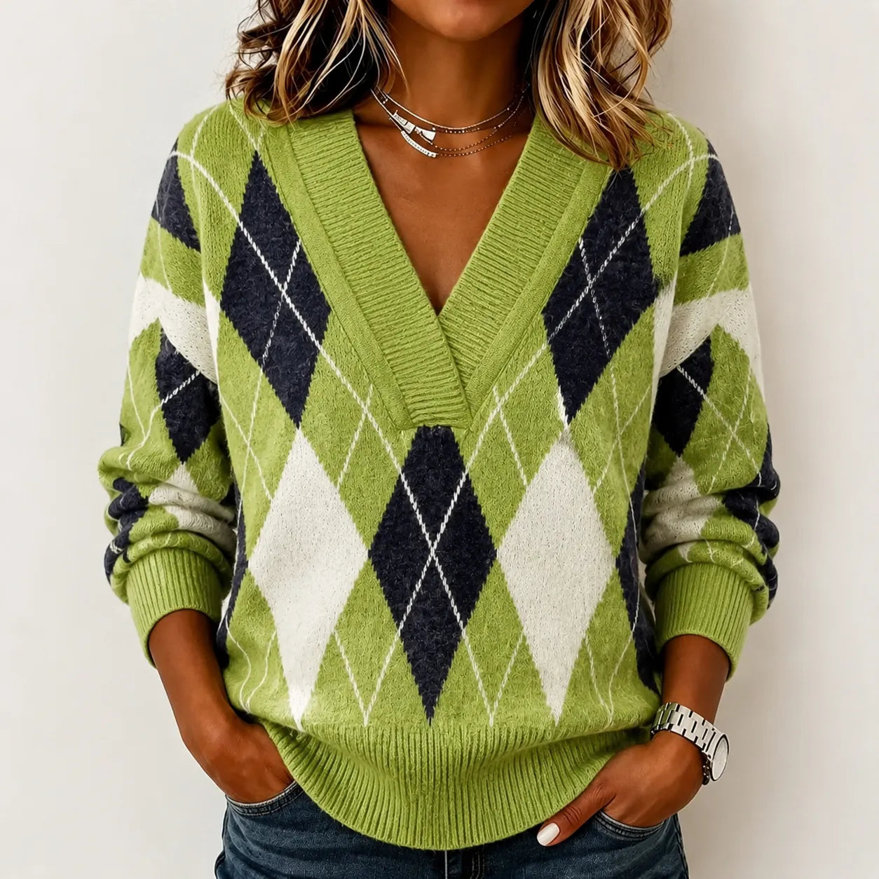 Cardydony Women's Retro Diamond Check Pattern Cozy Knit Sweater