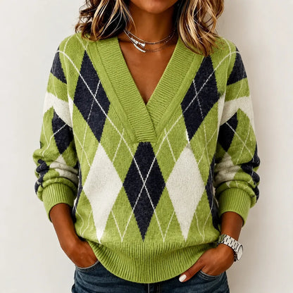 Cardydony Women's Retro Diamond Check Pattern Cozy Knit Sweater
