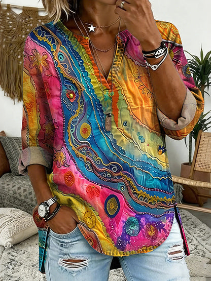 Cardydony Women's Colorful Wave Texture Pattern V Neck Blouse