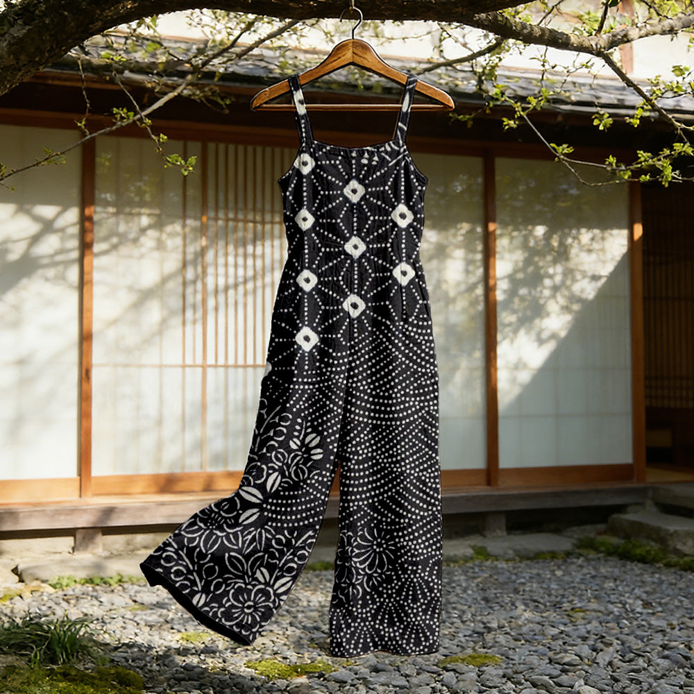 Cardydony Japanese Traditional Sashiko Art Flowy Linen Jumpsuit