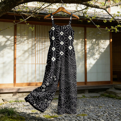 Cardydony Japanese Traditional Sashiko Art Flowy Linen Jumpsuit