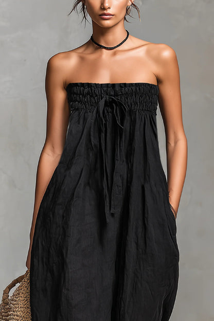 Cardydony Women's Linen Blend Sleeveless Off-shoulder Pleated Drawstring Loose Pocket Jumpsuit