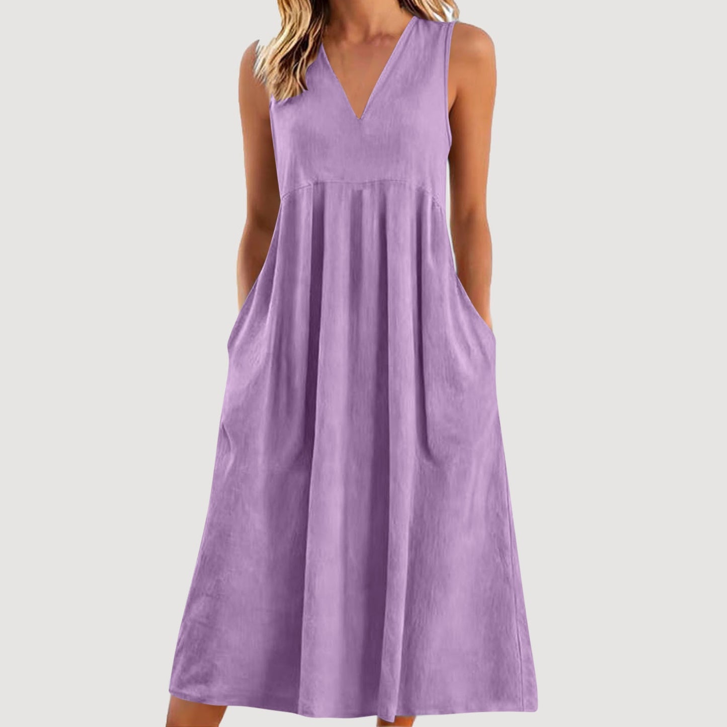 Cardydony Women's Solid Color V-neck Sleeveless Linen Blend Midi Dress