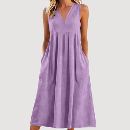 Cardydony Women's Solid Color V-neck Sleeveless Linen Blend Midi Dress
