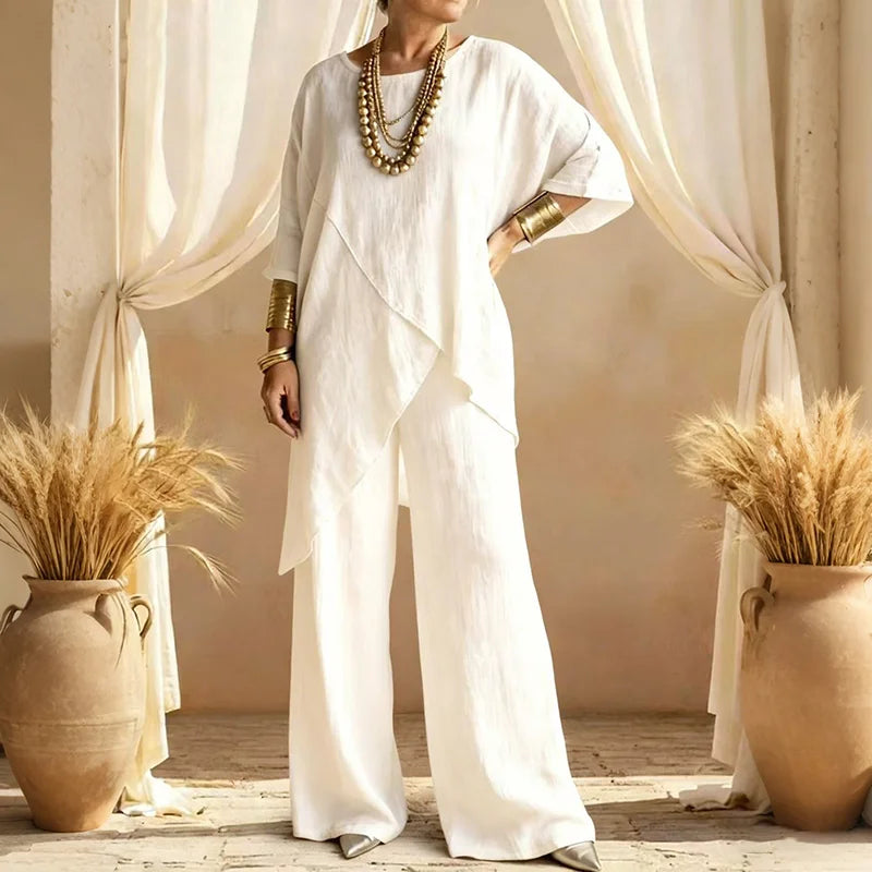 Cardydony Women's Comfy Linen Blend Flowy Double Layer Design Top And Pants Two-piece Set