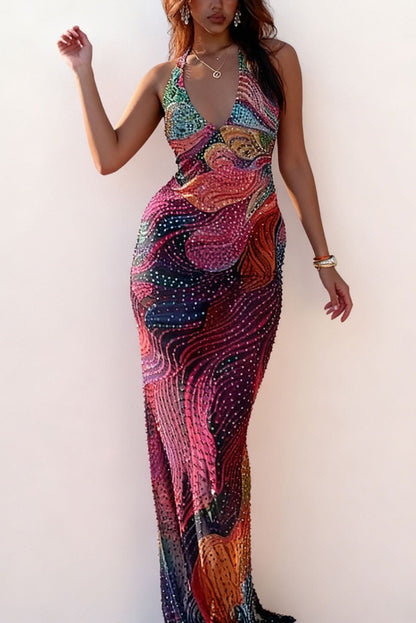 Cardydony Women's ashionable Colorful Printed Sleeveless Halter Neck Slim-fit Maxi Dress