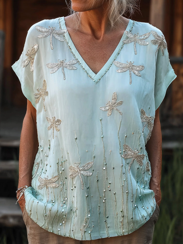 CardydonySage Light Blue Allover Dragonfly Embroidery V Neck Short Sleeve Top For Women