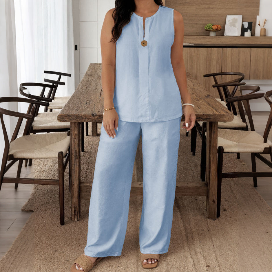 Cardydony Loose Top Casual Wide Leg Pants Linen Two Piece Set