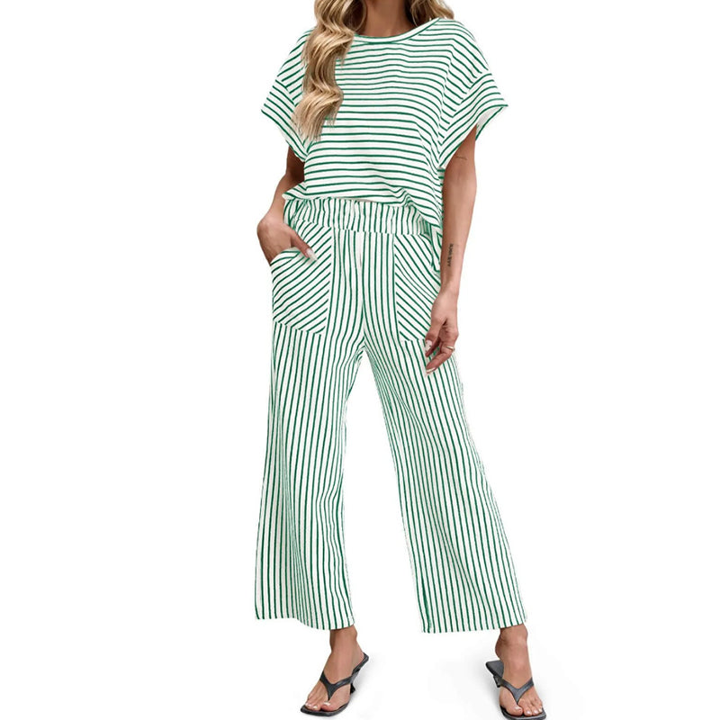 Cardydony Striped Short Sleeve T-shirts Wide Leg Pants Two Piece Set