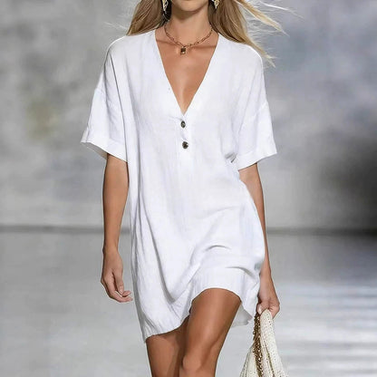 Cardydony Cozy Cotton And Linen Button V-neck Mini Dress