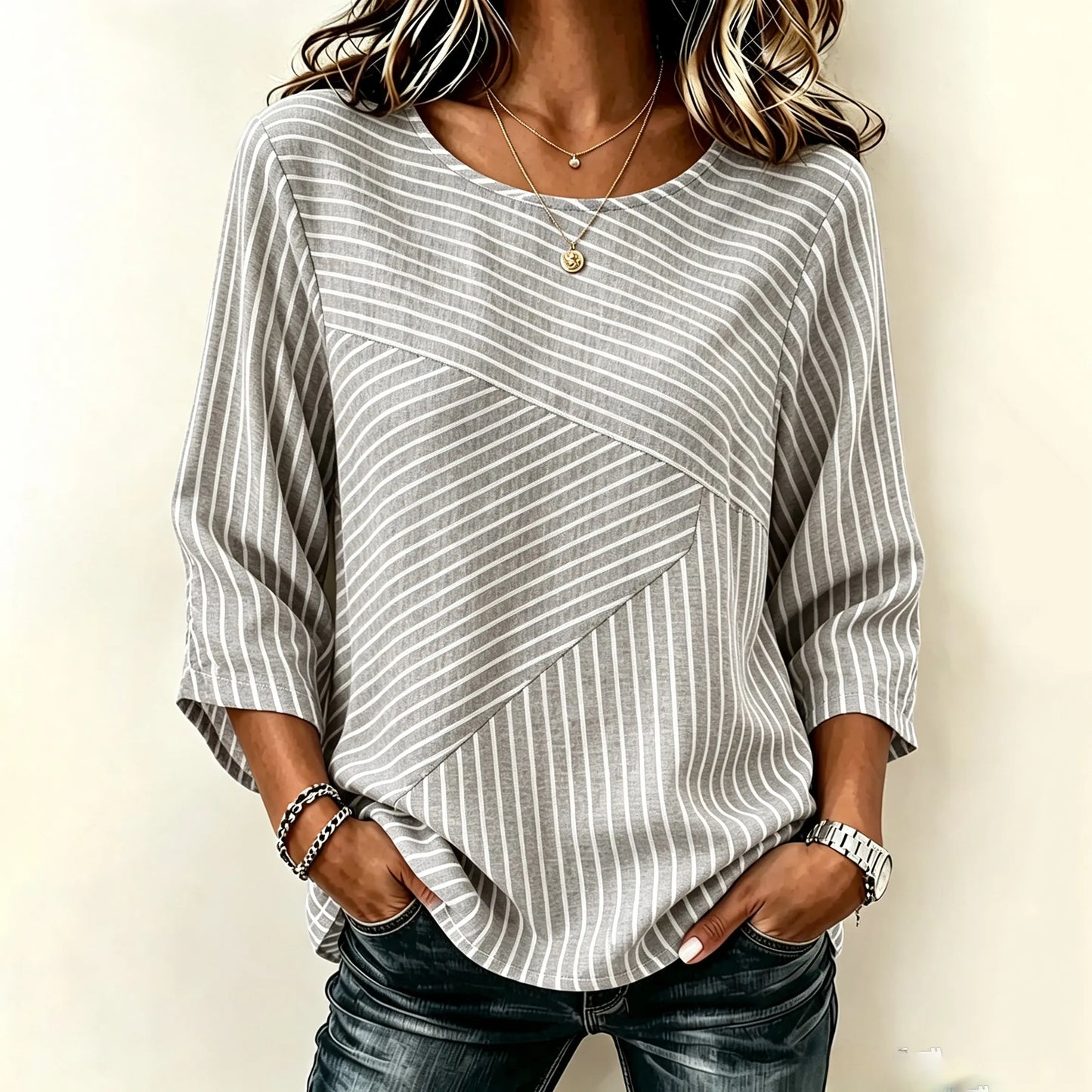 Cardydony Women's Retro Elegant Striped Art Pattern Casual Crew Neck T-shirt