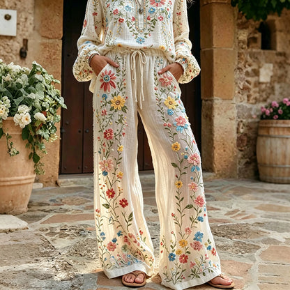 Cardydony Women's Vintage Floral Pattern Art Embroidered Linen Blend Pants