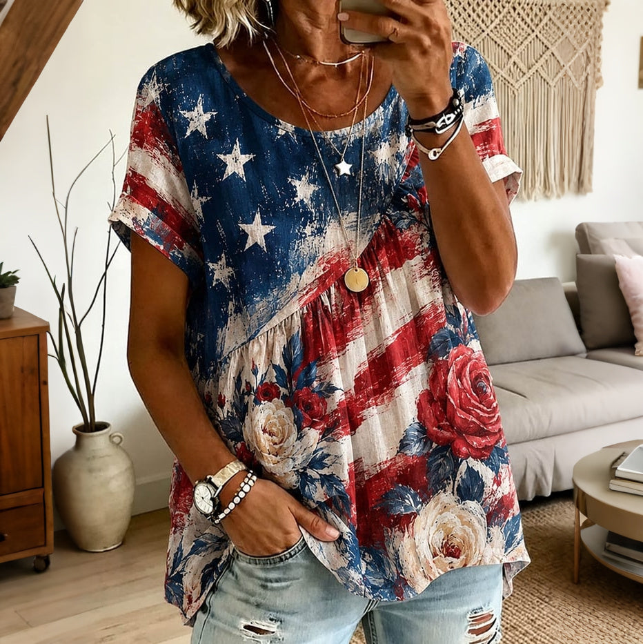 Cardydony Women's Retro Independence Day Flag Floral Art Cotton Linen Short Sleeve Top