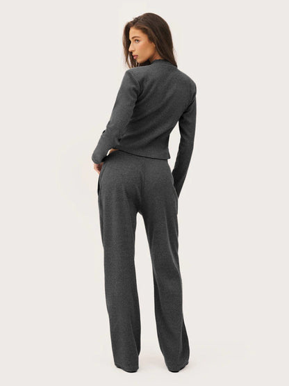 Cardydony Women's Women's Ribbed Knit Co Ord Set – Crop Cardigan & Wide Leg Pants