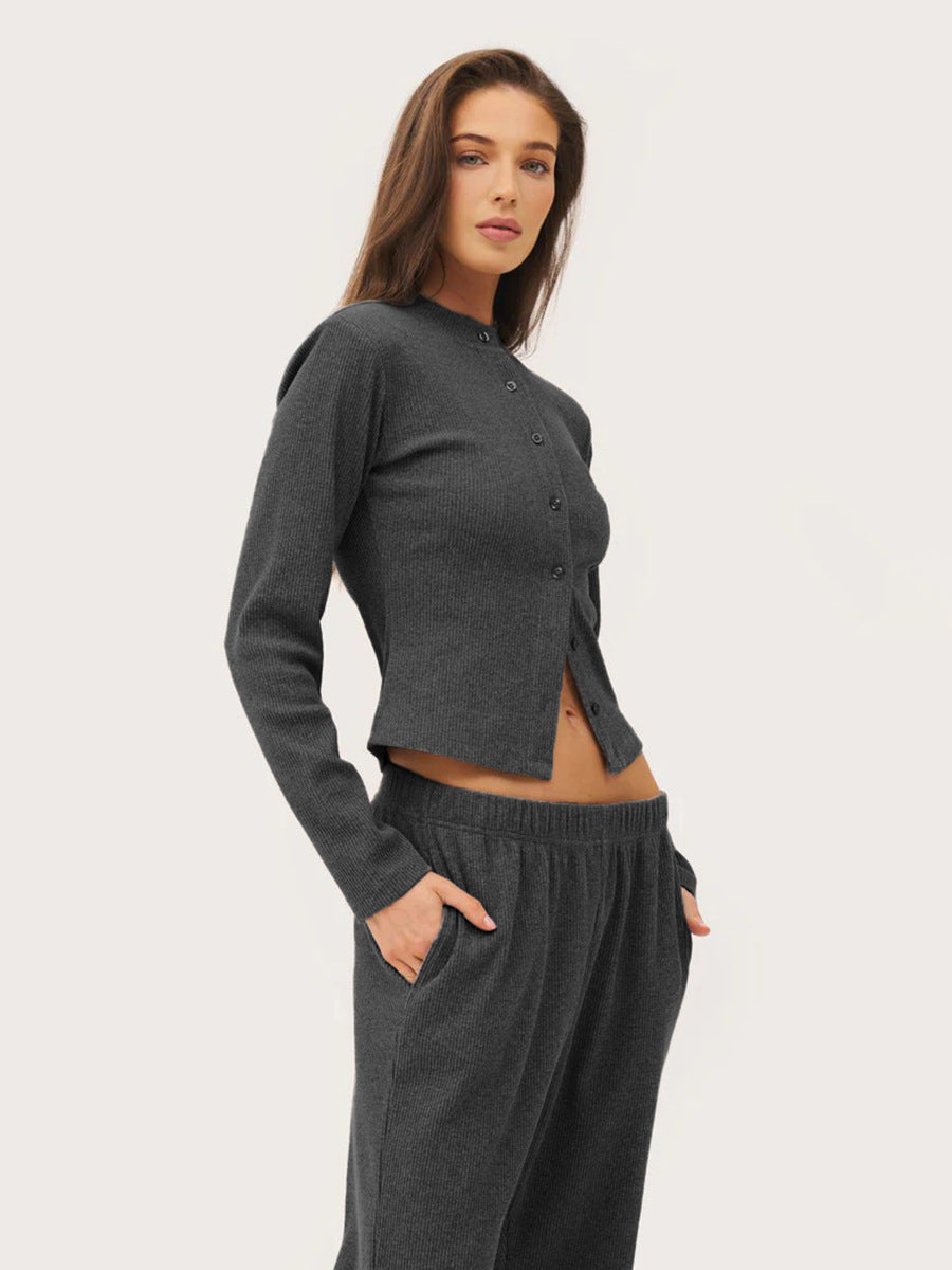 Cardydony Women's Women's Ribbed Knit Co Ord Set – Crop Cardigan & Wide Leg Pants