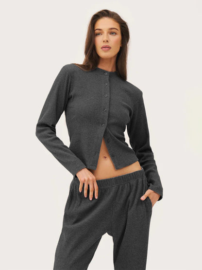 Cardydony Women's Women's Ribbed Knit Co Ord Set – Crop Cardigan & Wide Leg Pants