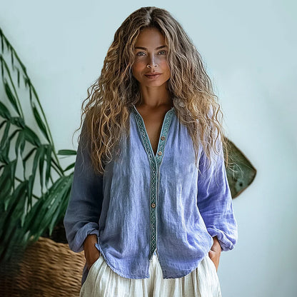 Cardydony Bohemian Style Linen Print Long Sleeve Shirt