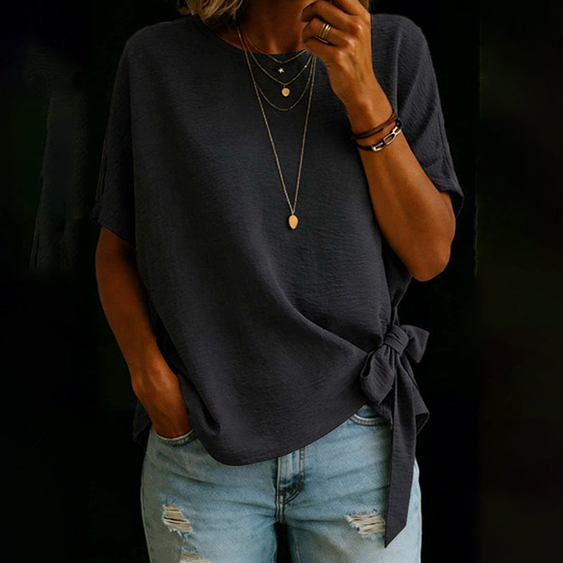 Cardydony Women's Vintage Bow-tie Short Sleeves Round Neck Linen T-shirt