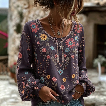 Cardydony Women's Vintage Floral Art Print Flowy Linen Blend Linen Blend Long Sleeve Casual Tops
