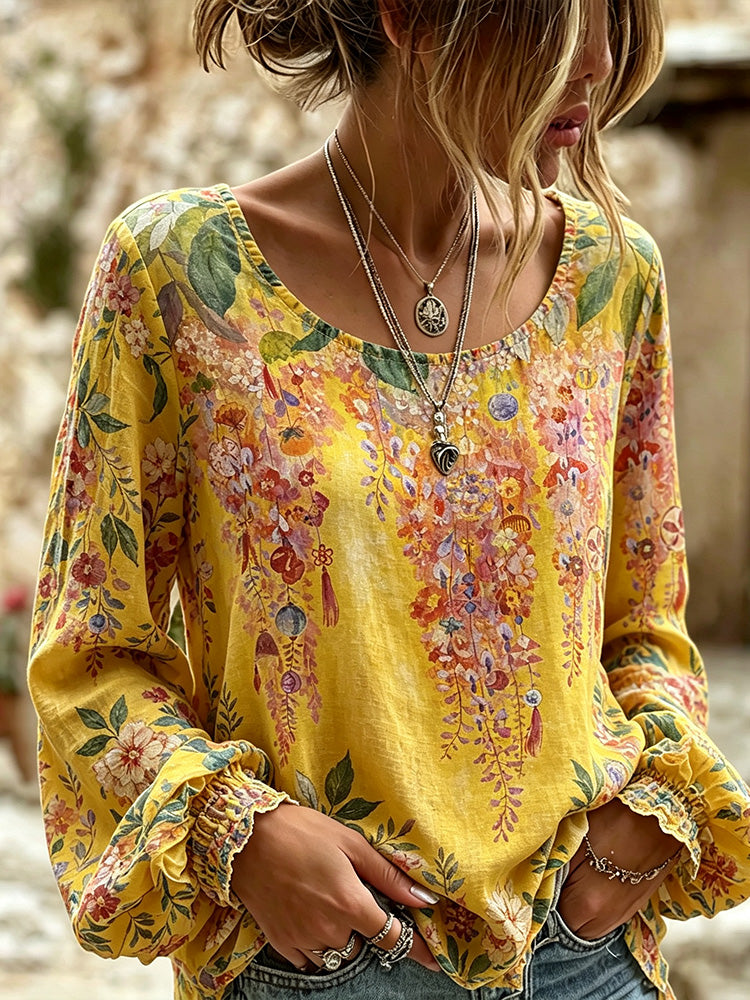 Cardydony Women's Vintage Spring And Summer Floral Art Print Cotton Linen Long-sleeved Top