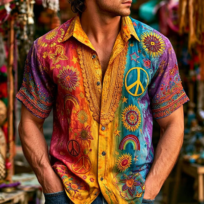 Cardydony Men's Hippie Peace Symbol And Floral Art Tie-dye Casual Loose Shirt